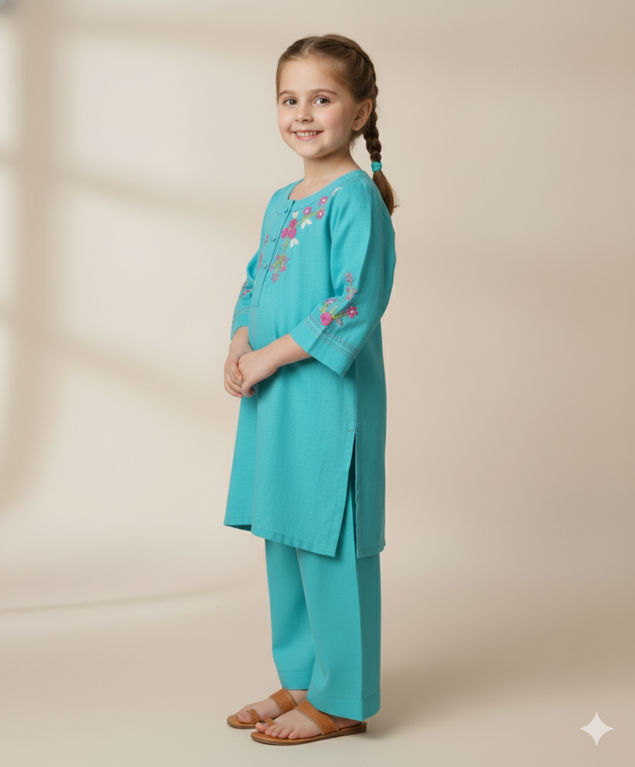 Girls Khaddar Floral Hand Embrioded Co-ord Set 2pc - Skyblue