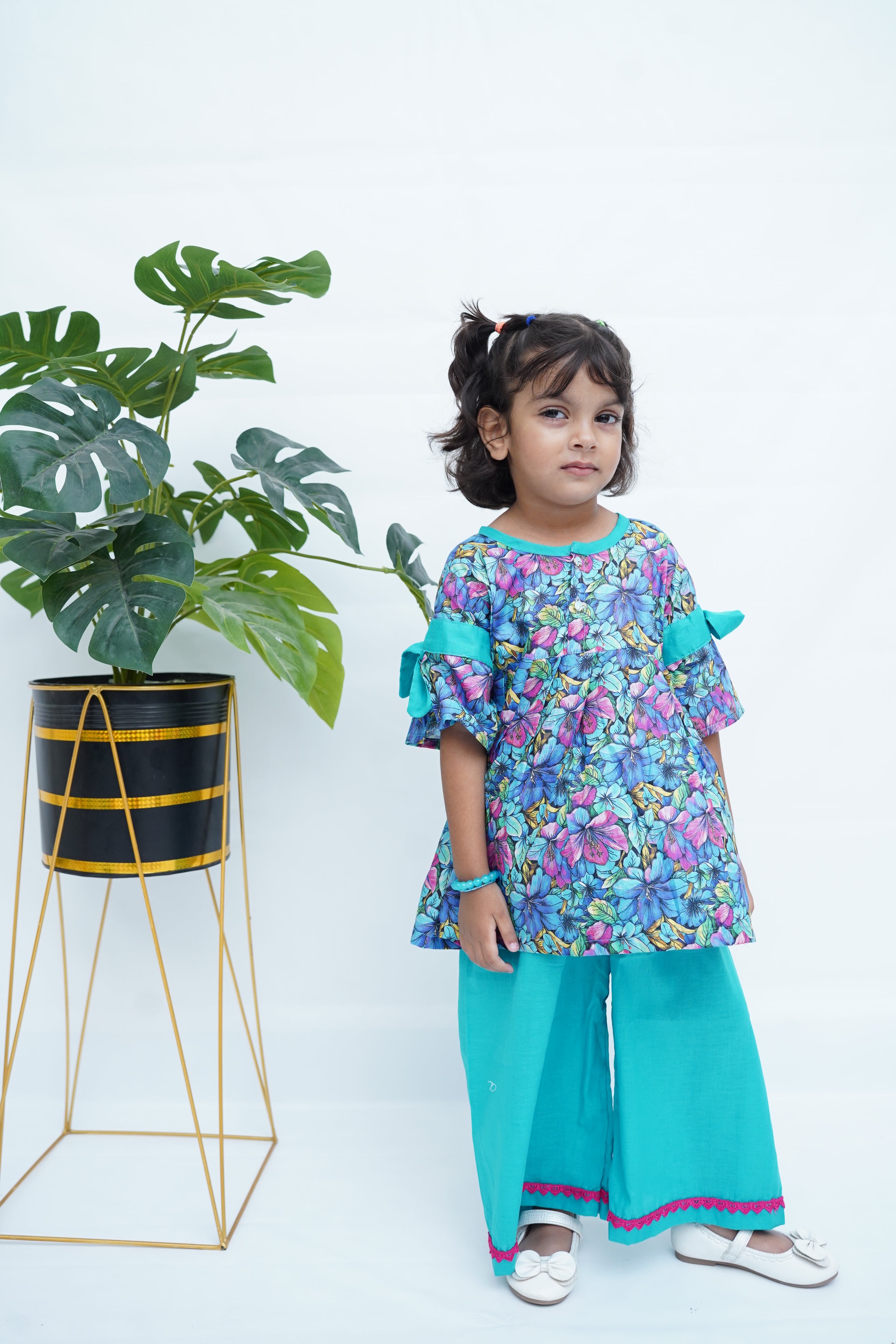Girls Printed Flower Frock Set - SkyBlue