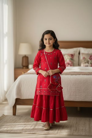 Girls Hand Painted Gharara Set - Red