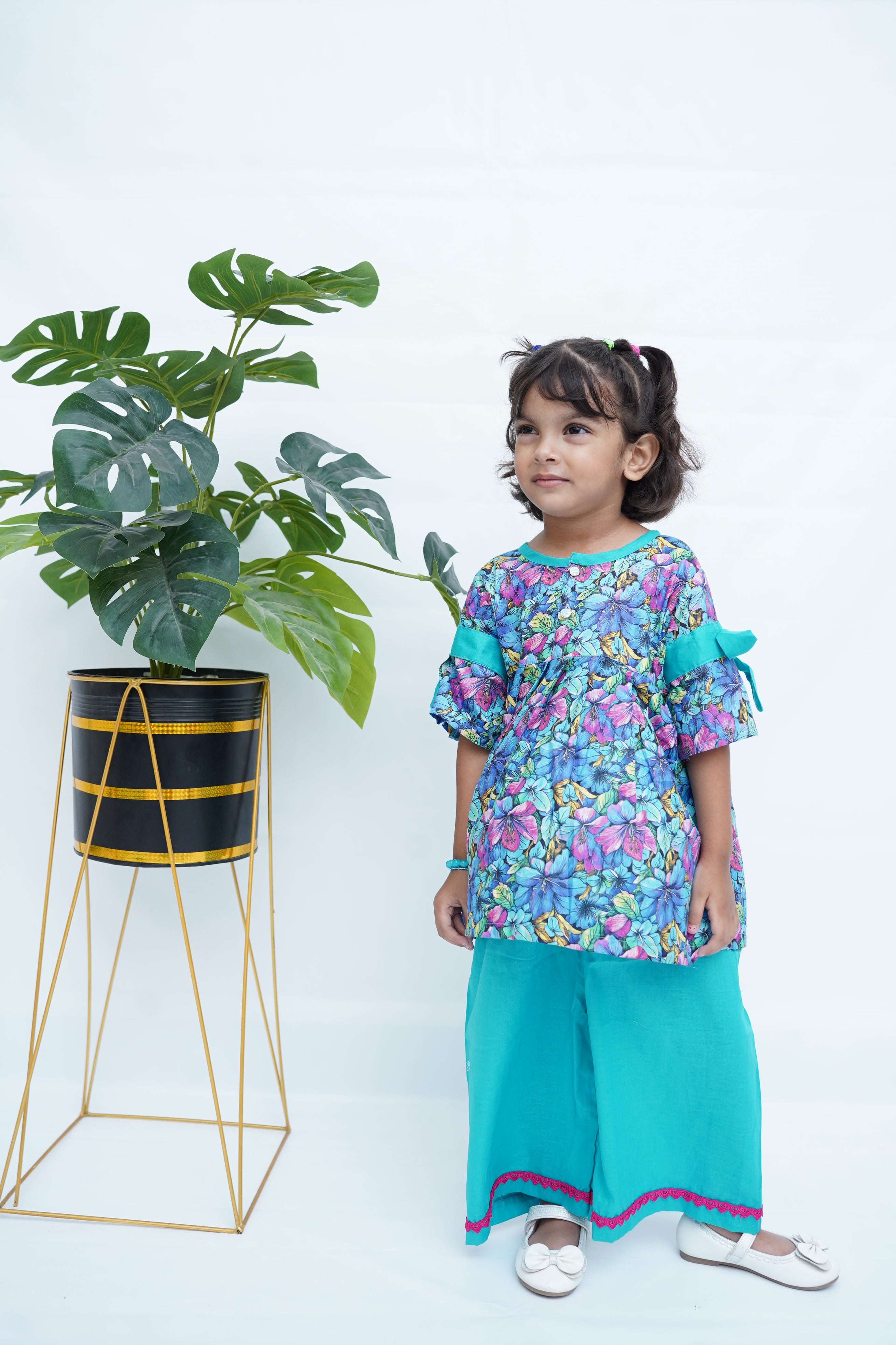 Girls Printed Flower Frock Set - SkyBlue