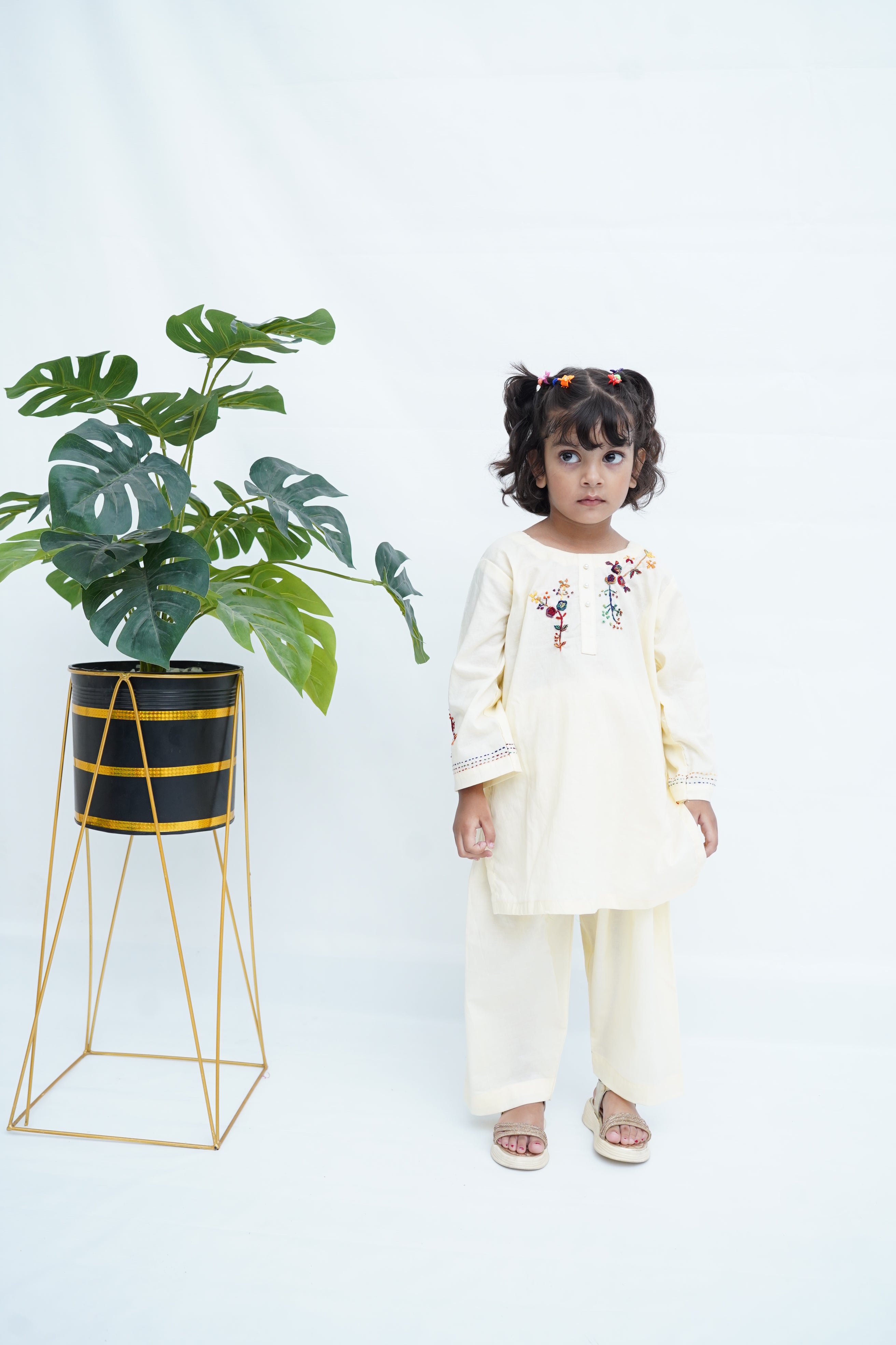 Girls Hand Embrioded Co-ord Set - Lemon