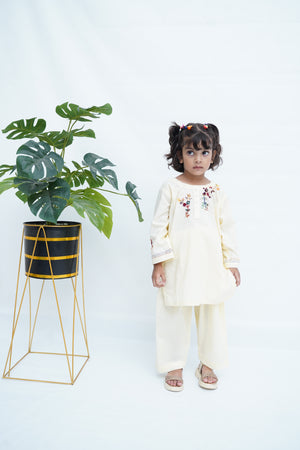 Girls Hand Embrioded Co-ord Set - Lemon