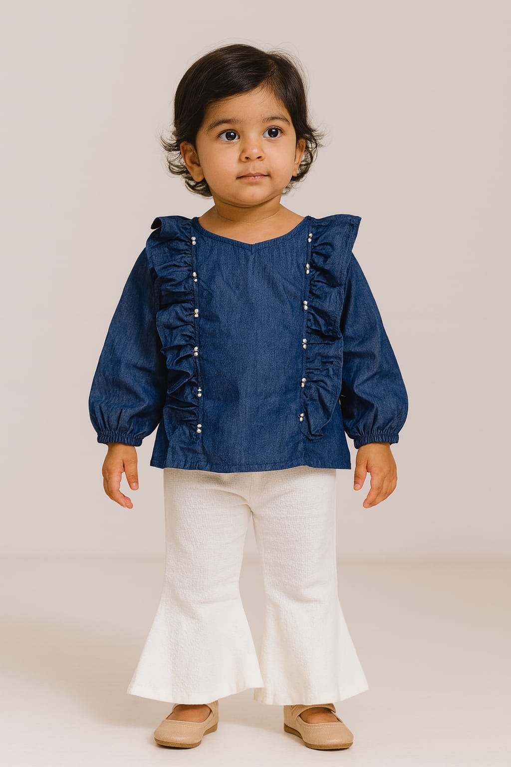 Girls Cotton Denim Pearl Beaded Top