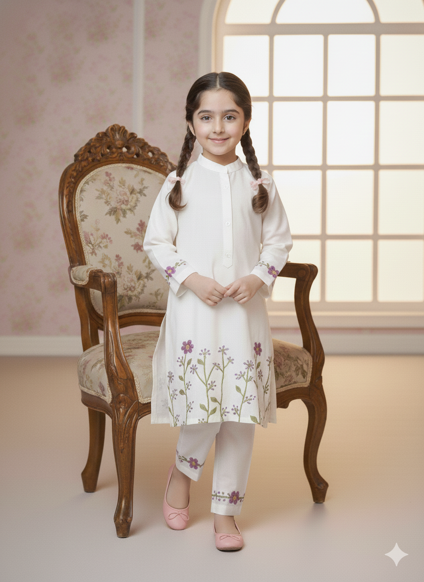 Girls Khaddar Hand Embroided 2pc - White