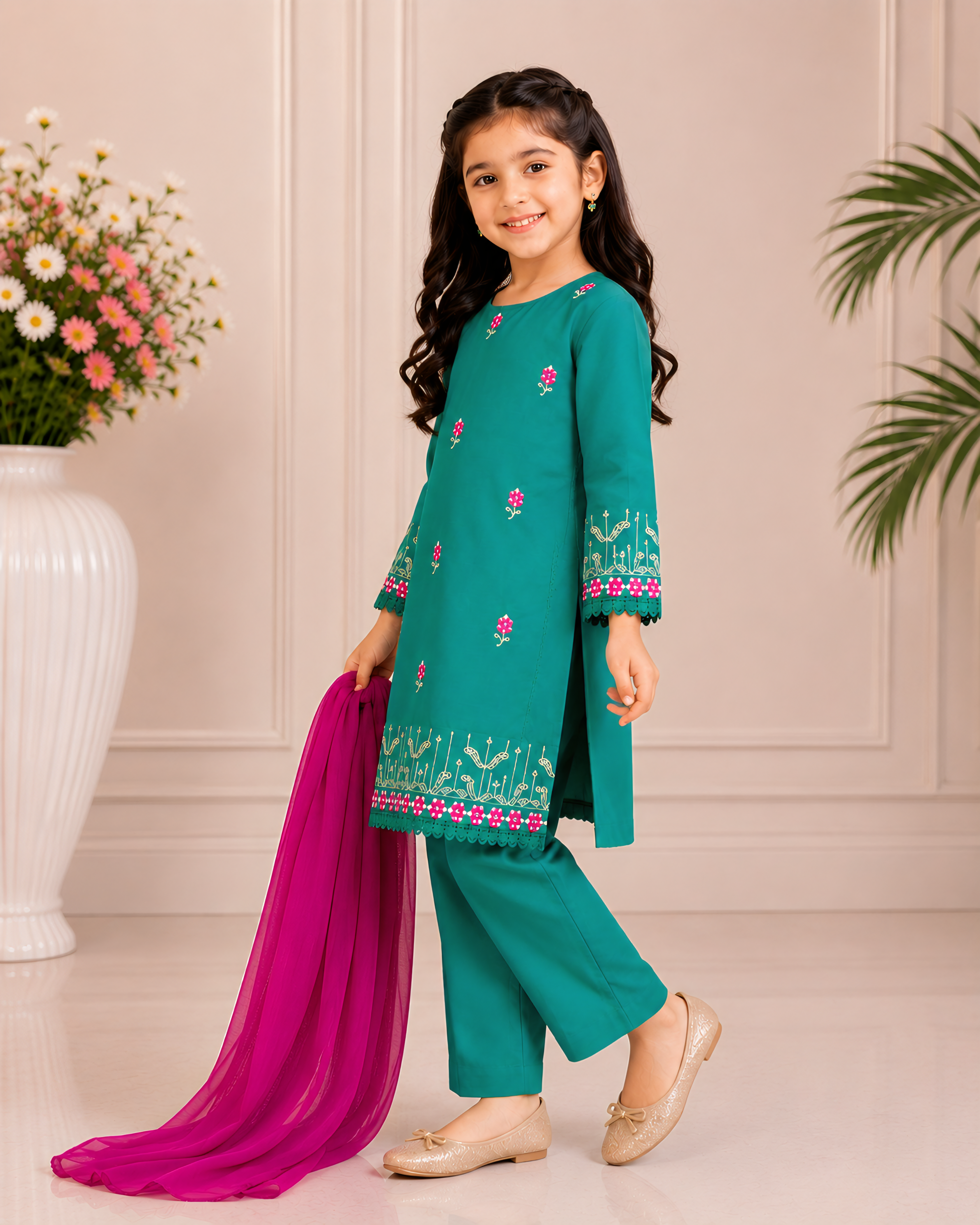 Girls Emerald Flora Embroidered Set - 3pc