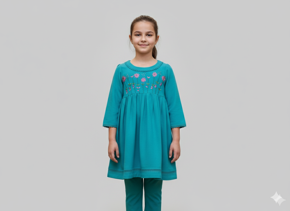 Girls Khaddar Hand Embroided Frock Set 2pc - Skyblue