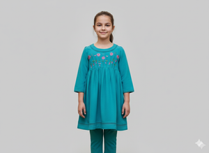 Girls Khaddar Hand Embroided Frock Set 2pc - Skyblue