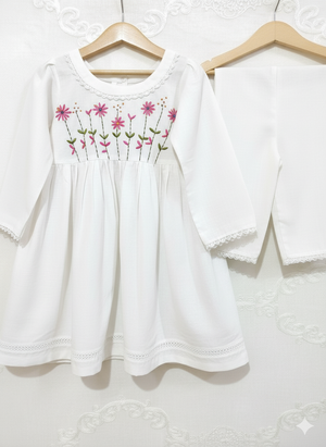 Girls Khaddar Hand Embroided Frock Set 2pc - White