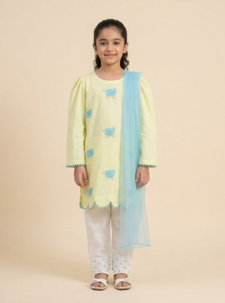 Girls Lime Sheep Embellished Set - 3pc