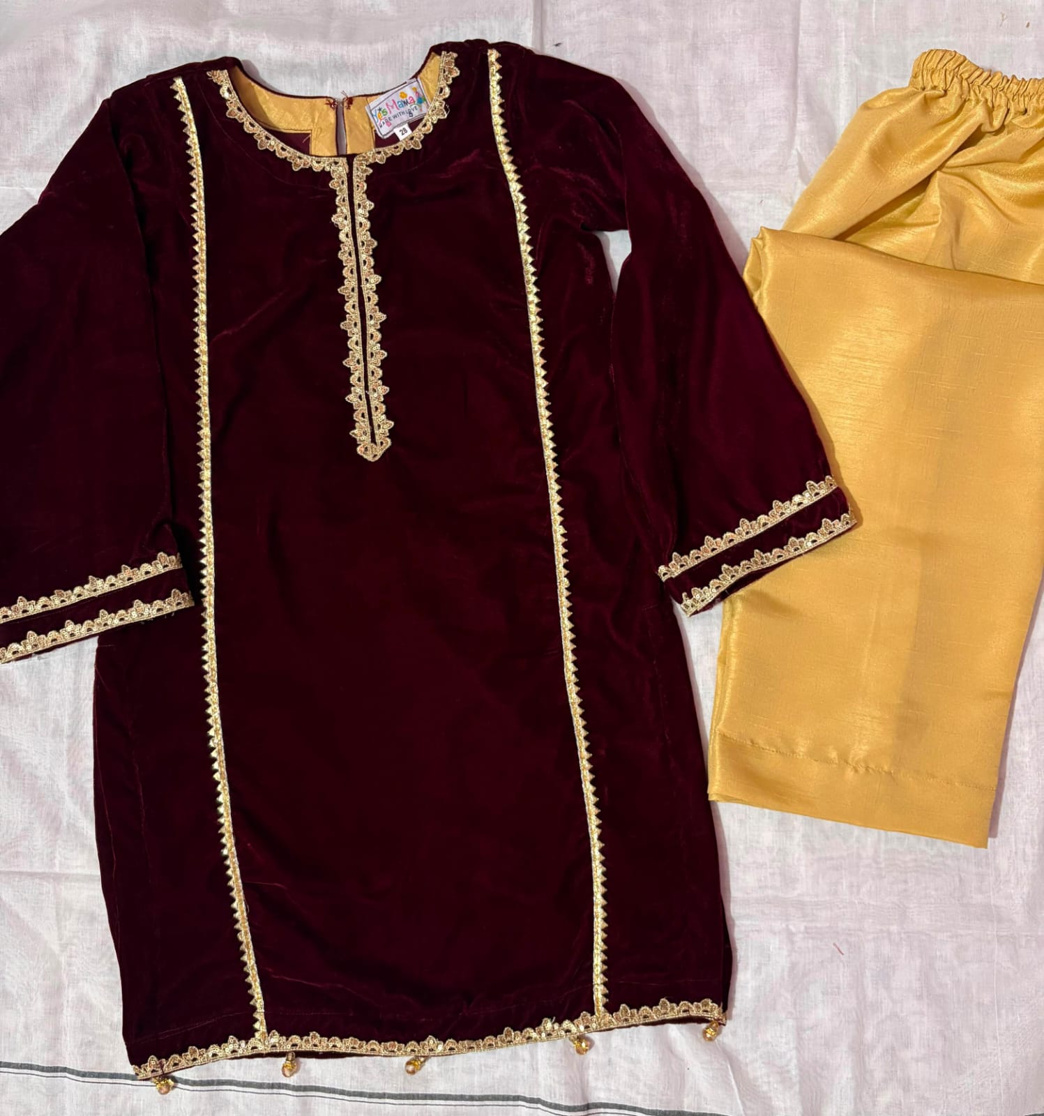 Girls Maroon Velvet Kurta Suit - 3pc