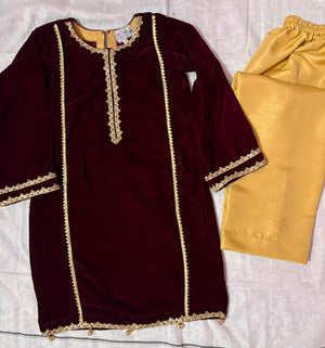 Girls Maroon Velvet Kurta Suit - 3pc