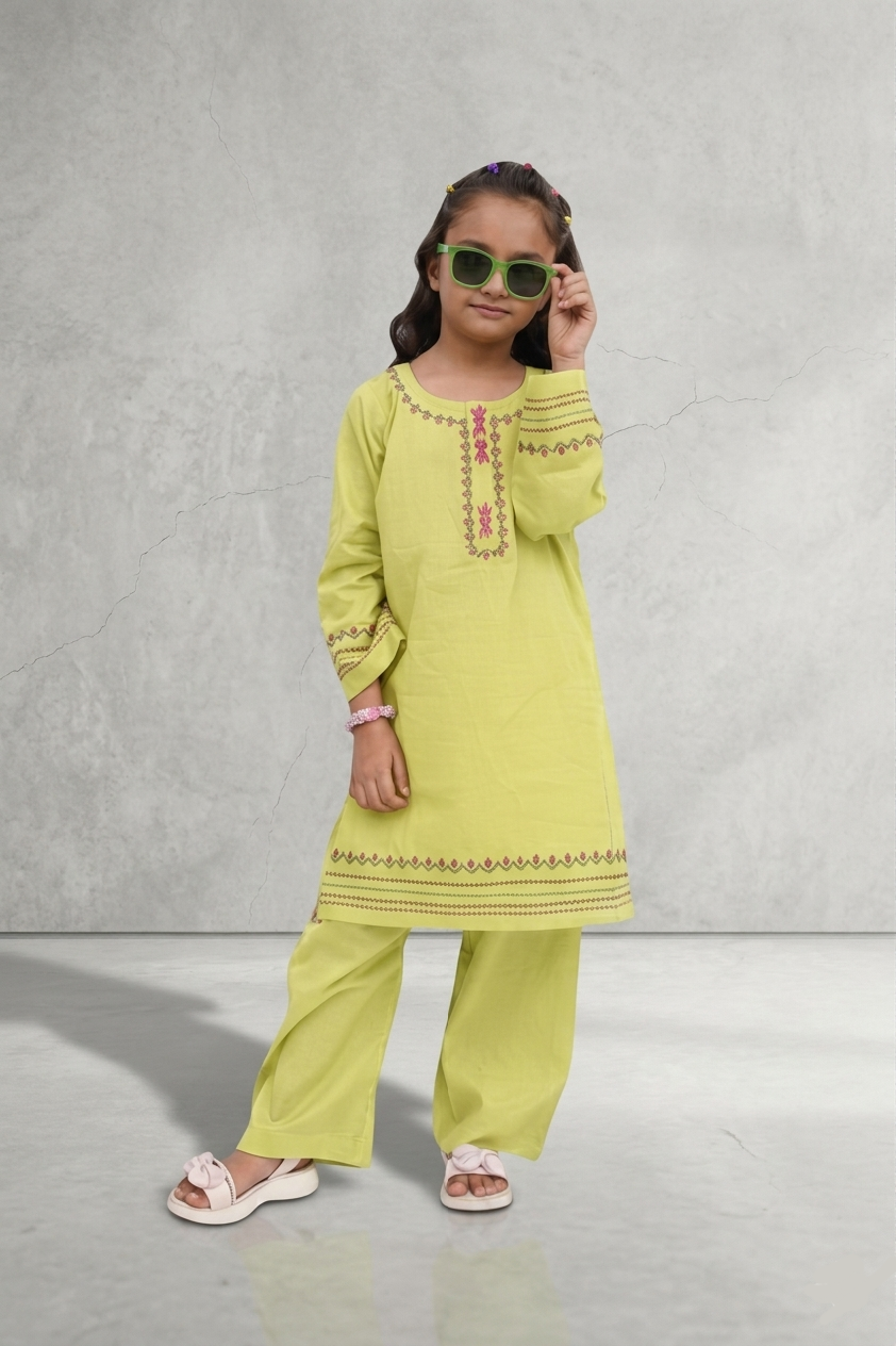 Girls Hand Embrioded Co-ord  Set - Lemon