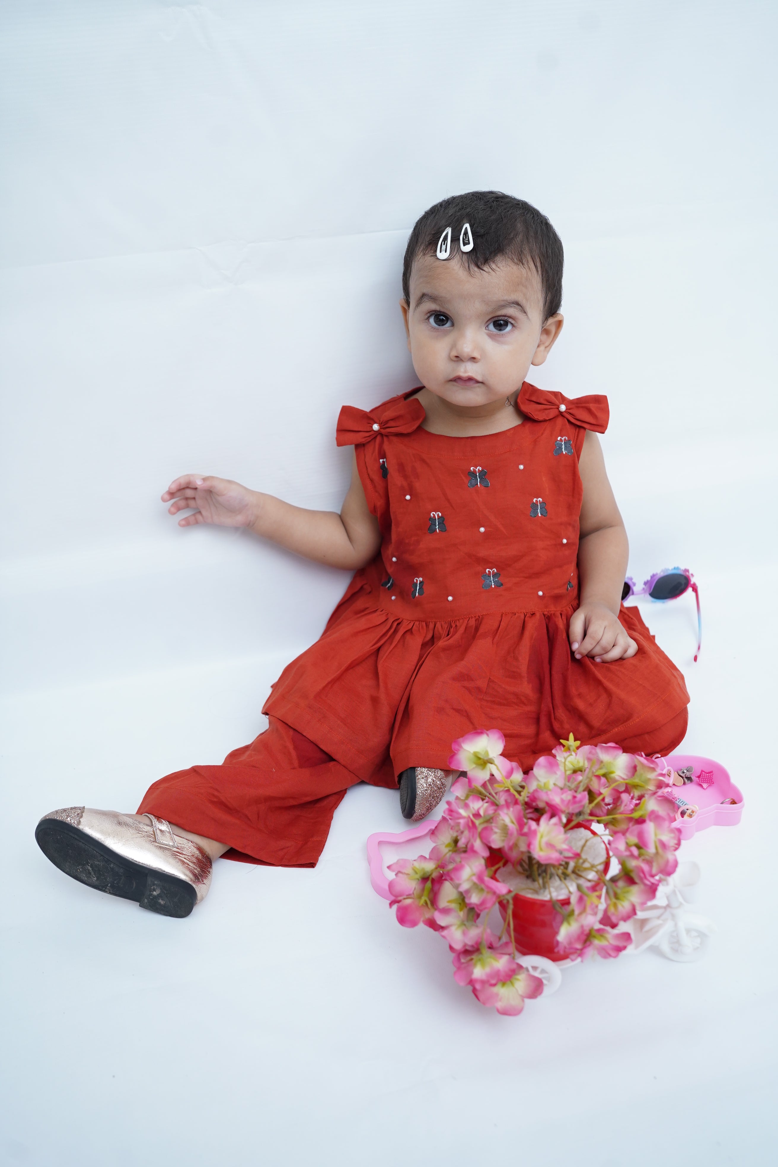 Girls Hand Painted Poplin Frock Dress With Butterfly Charm 2pc Set - Rust