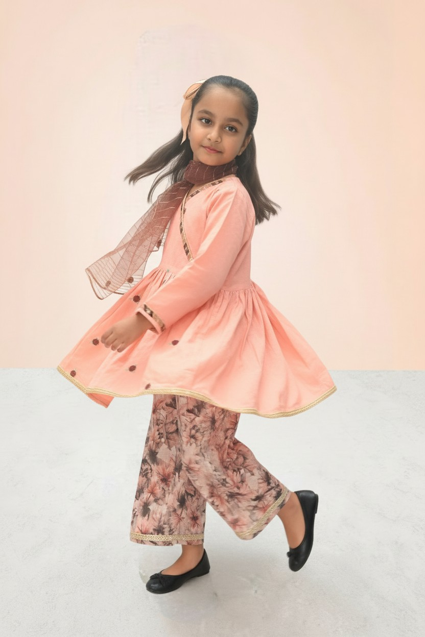 Girls Peach Blossom Angrakha Set - 3pc