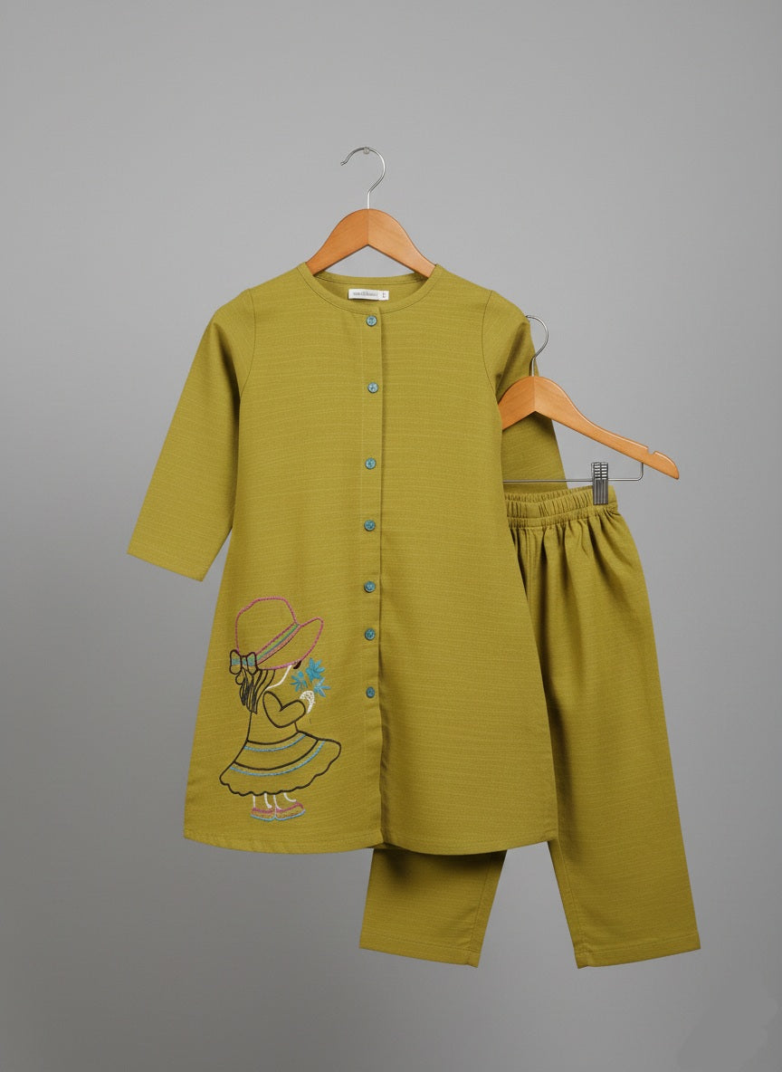 Girls Khaddar Doll Embroided Co-ord Set 2pc - Light Olive