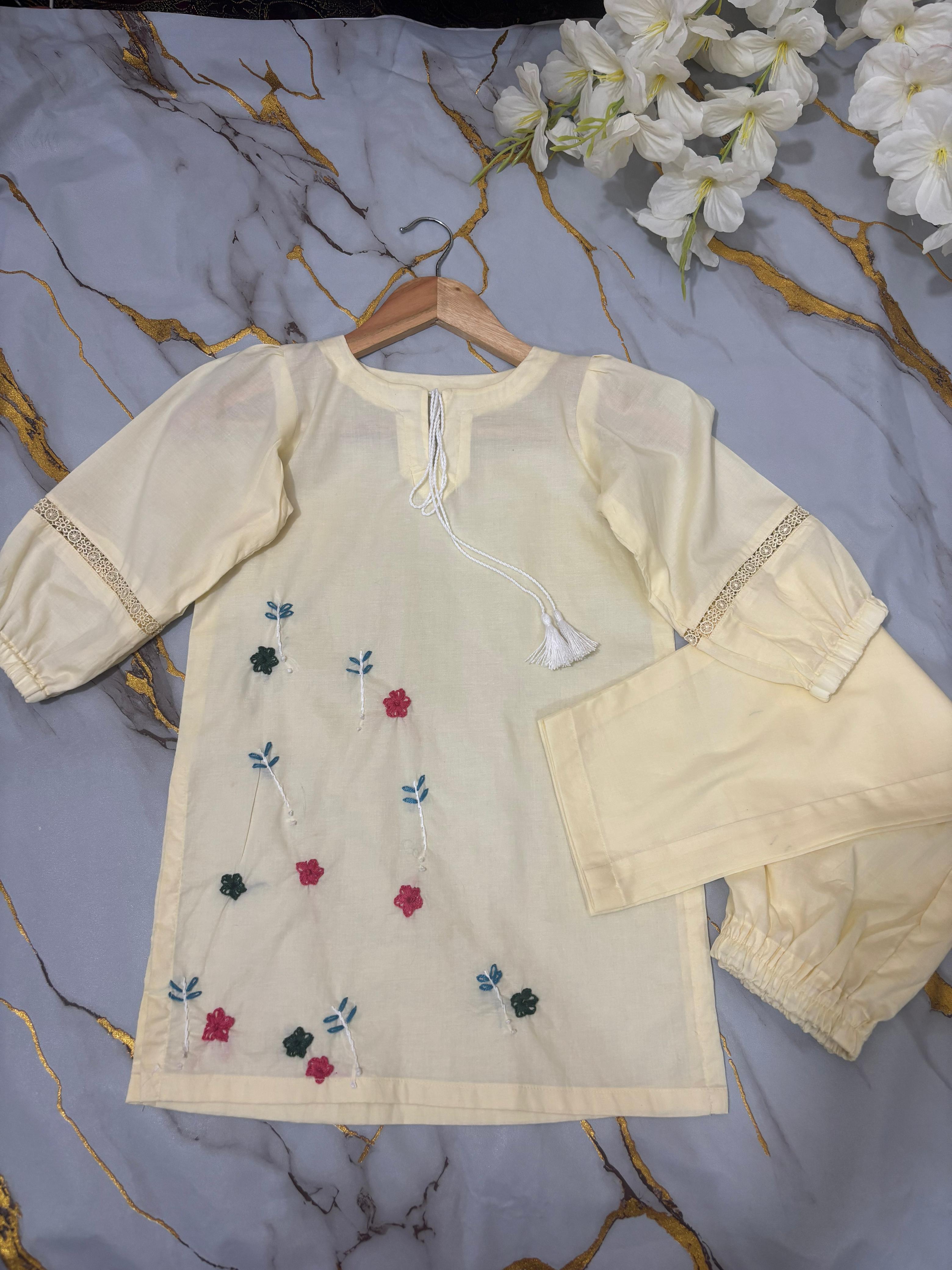 Girls Lemon Flower Embroidered Co-ord Set 2pc