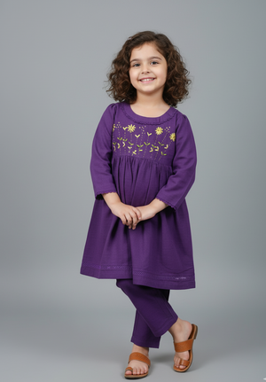 Girls Khaddar Hand Embroided Frock Set 2pc - Purple