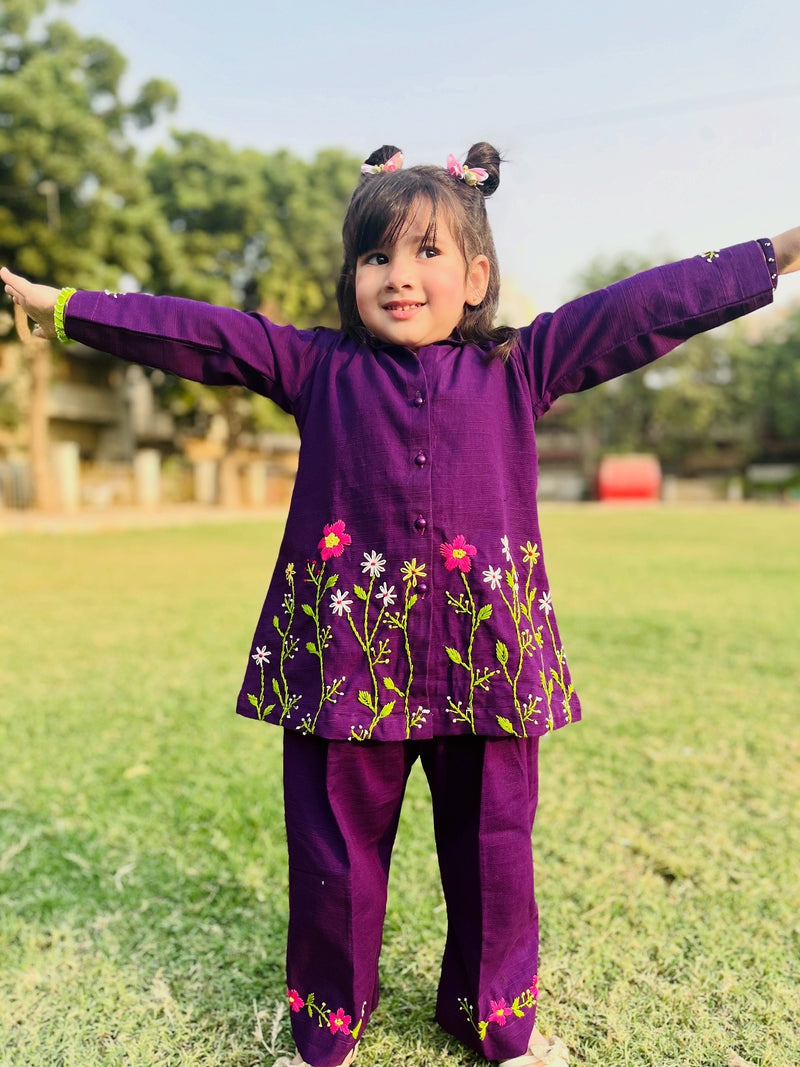 Girls Khaddar Hand Embroided 2pc - Purple