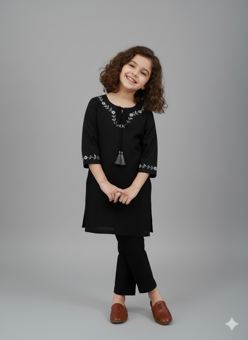 Girls Khaddar Hand Embroided Suit 2pc - Black
