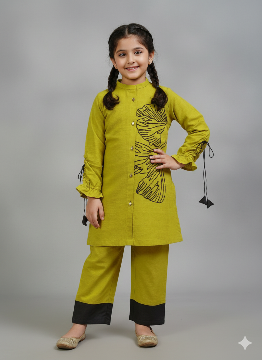 Girls Khaddar Hand Embroided Co-ord Set 2pc - Mustard