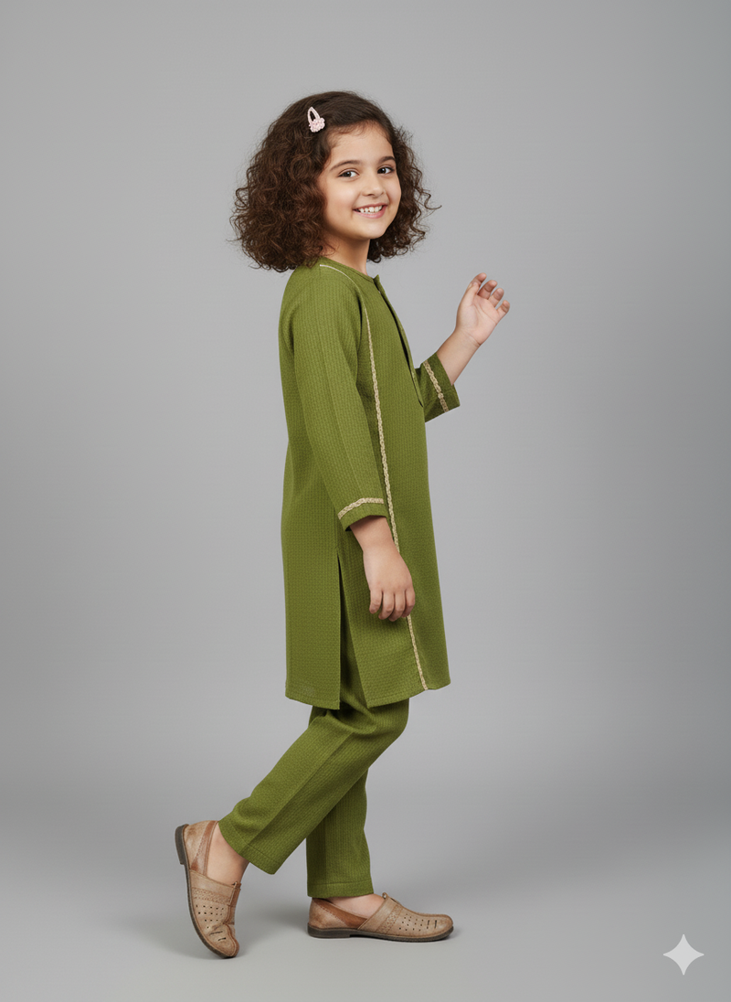 Girls Khaddar Solid Embellished Suit 2pc
