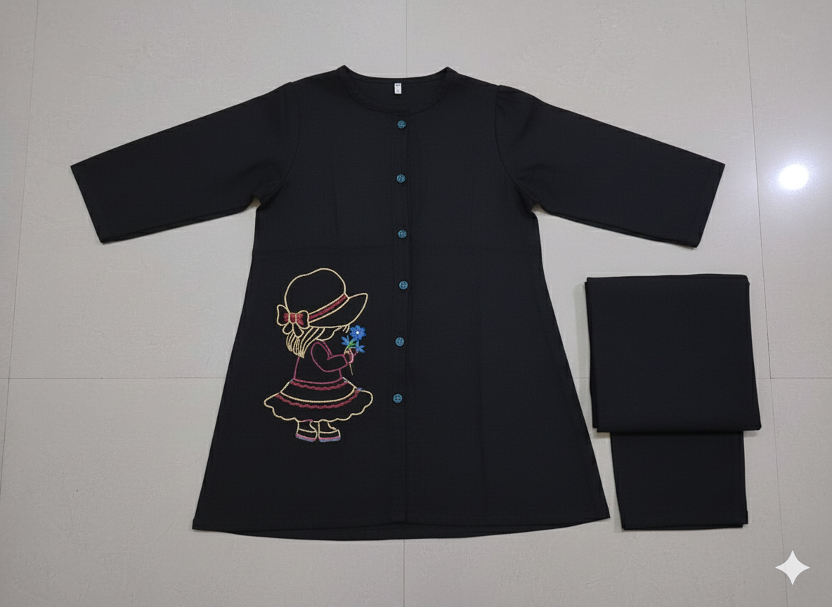 Girls Khaddar Doll Embroided Co-ord Set 2pc - Black
