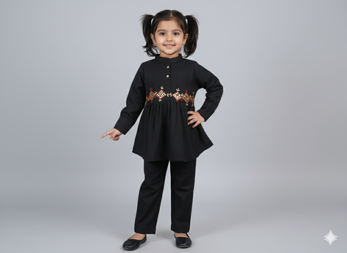 Girls Khaddar Hand Embroided Frock Set 2pc - Black