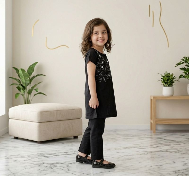 Girls Hand Embroided Suit 2pc - Black