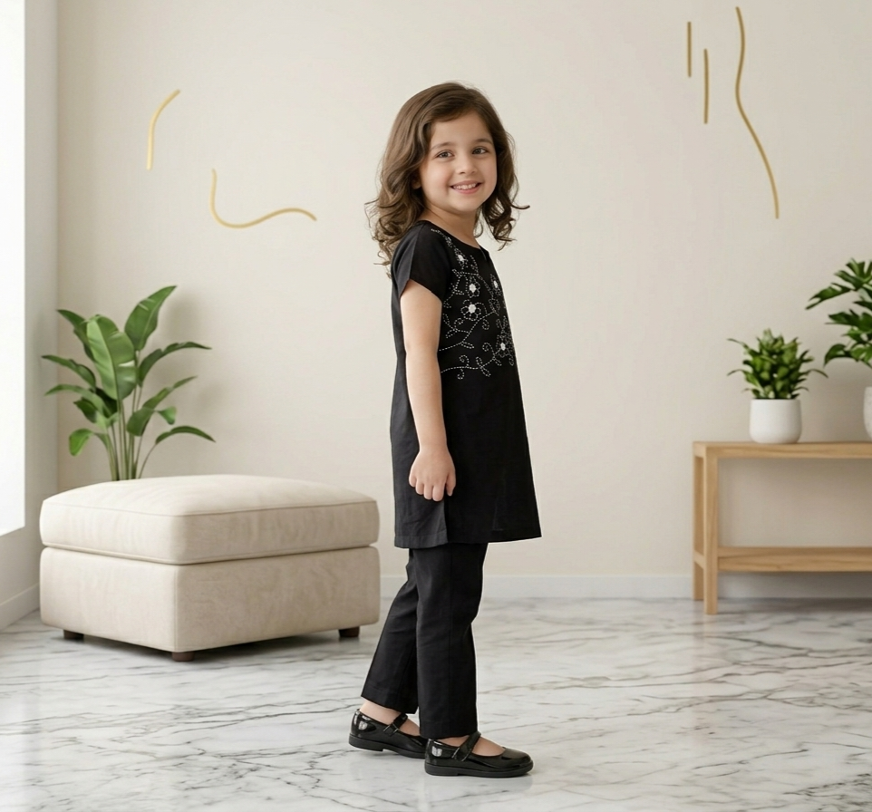Girls Hand Embroided Suit 2pc - Black