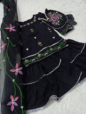 Girls Hand Painted Gharara Set 3pc - Black