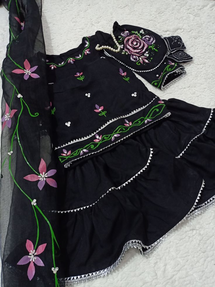 Girls Hand Painted Gharara Set 3pc - Black