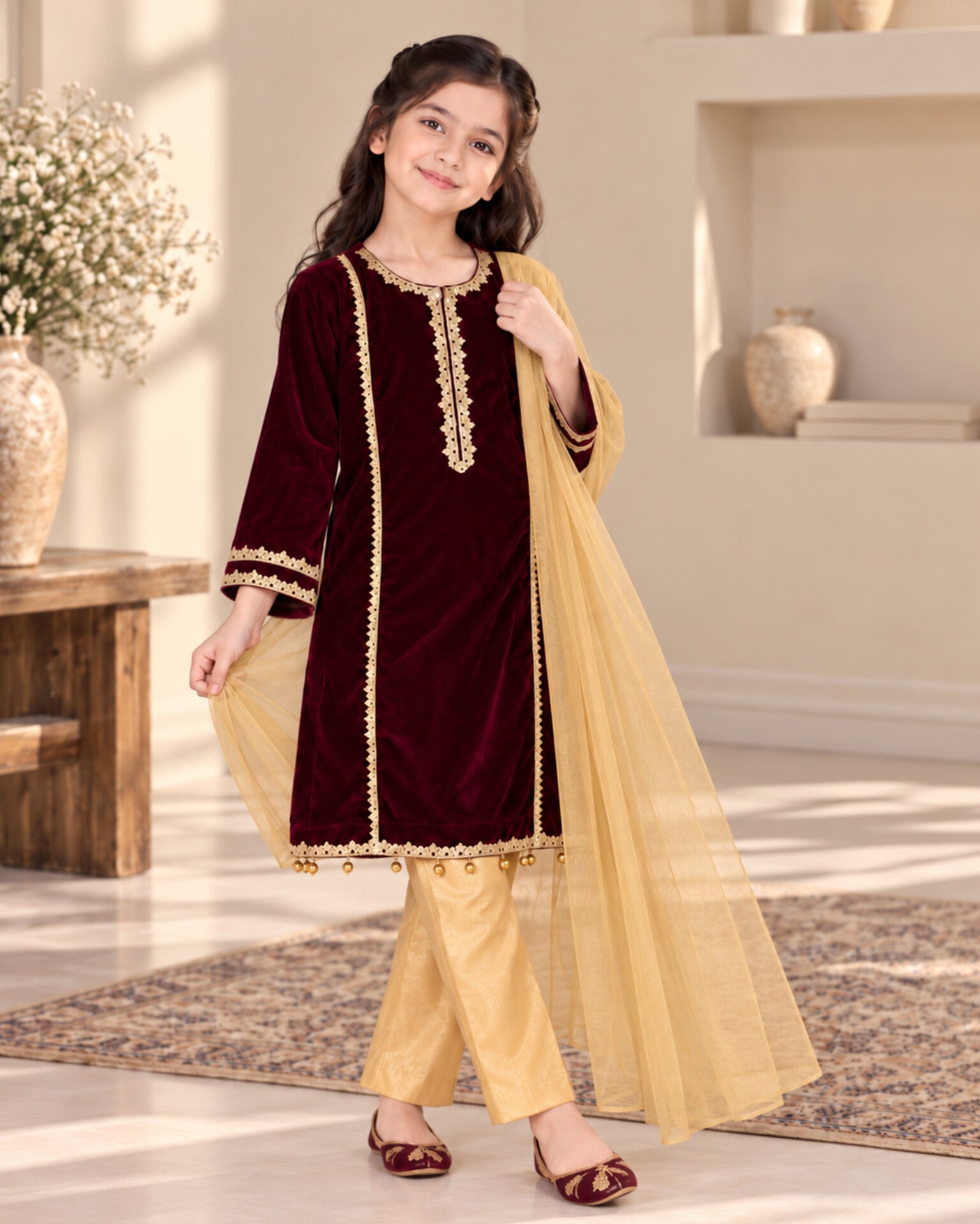 Girls Maroon Velvet Kurta Suit - 3pc