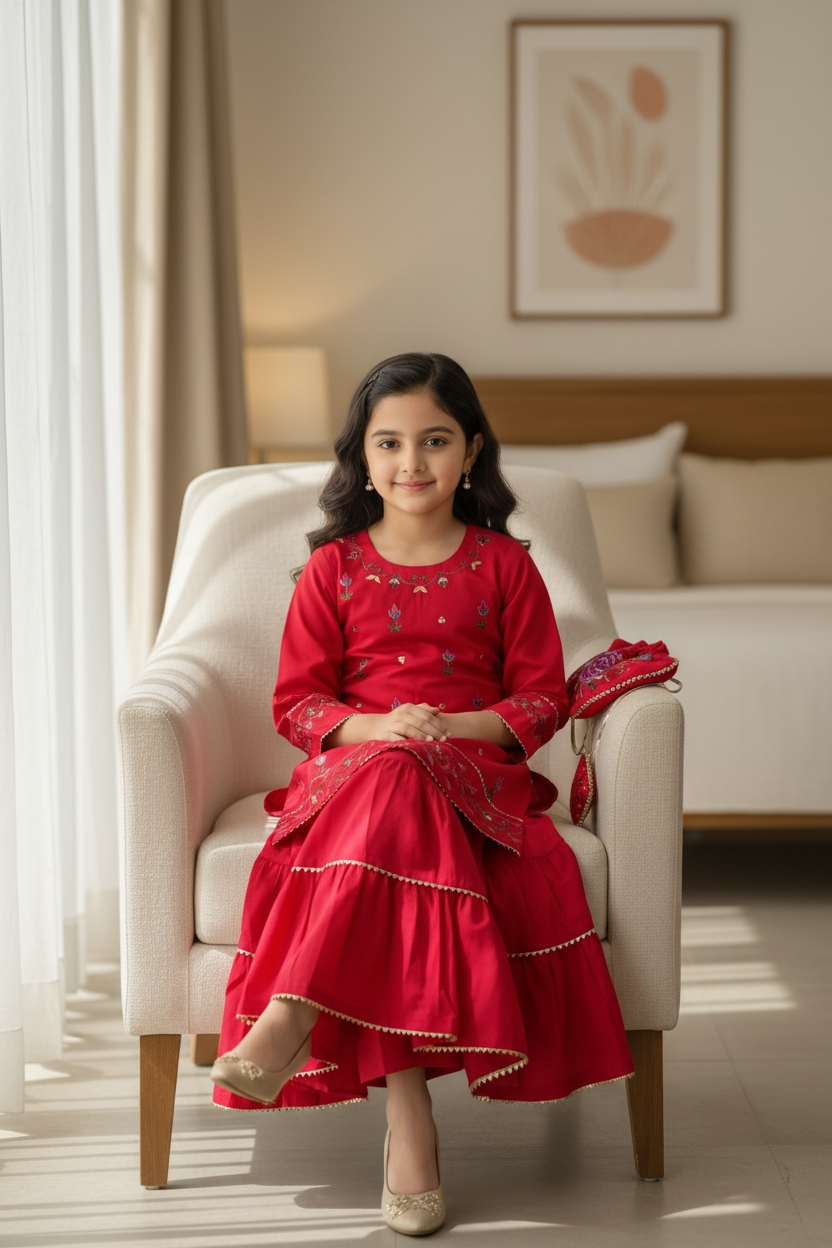 Girls Hand Painted Gharara Set - Red