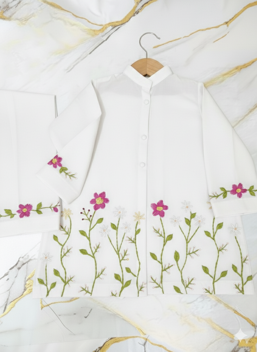 Girls Khaddar Hand Embroided 2pc - White