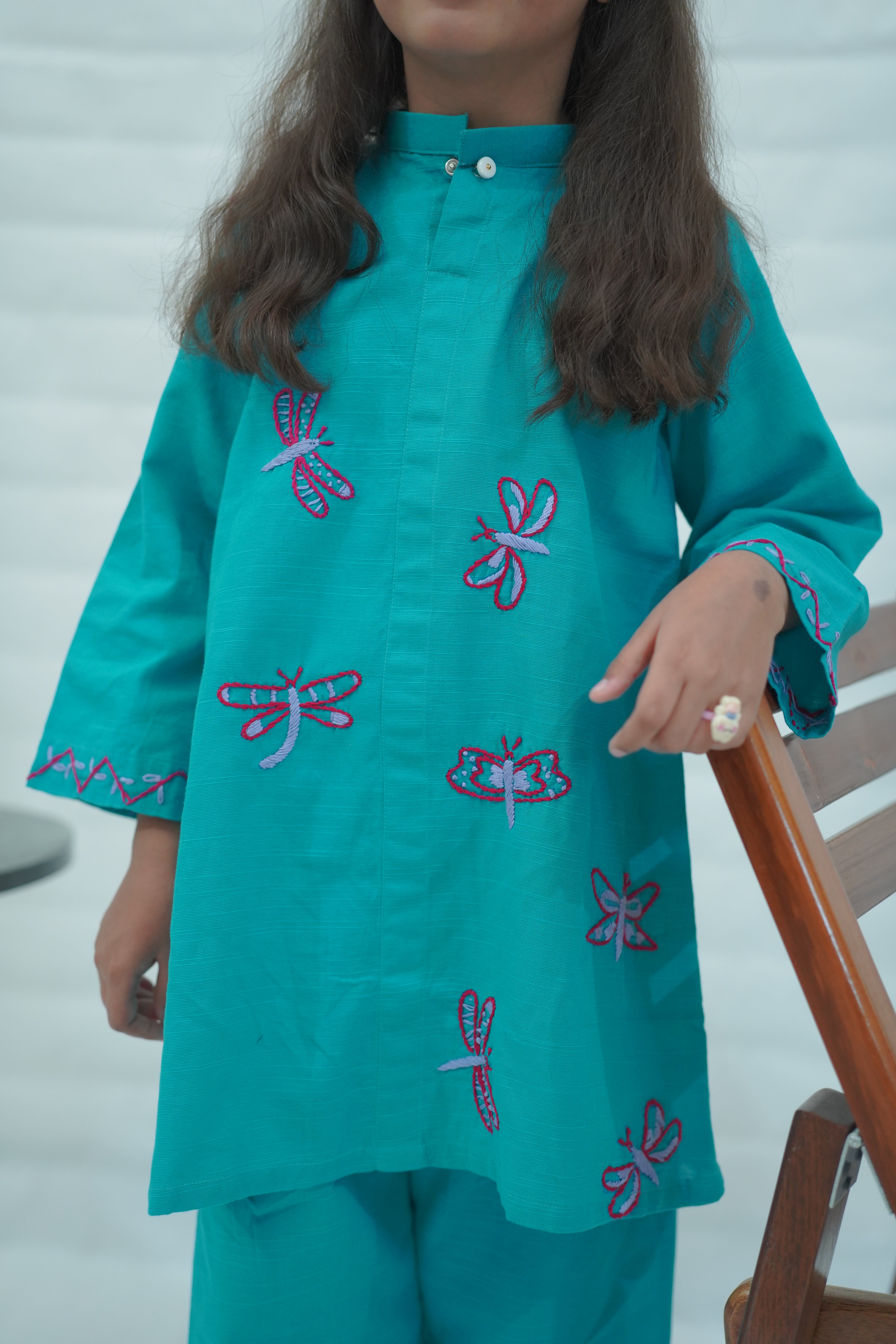 Girls Khaddar Hand Embroided Co-ord Set 2pc - Skyblue