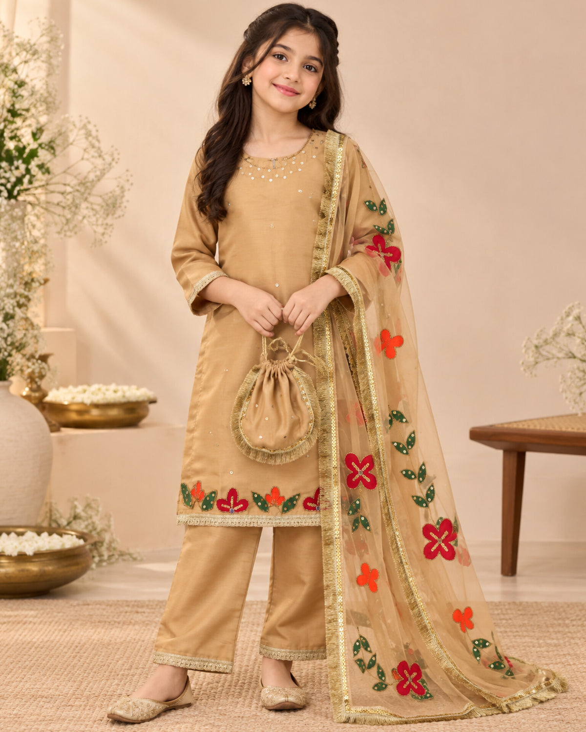 Girls Hand Painted Raw Silk Suit