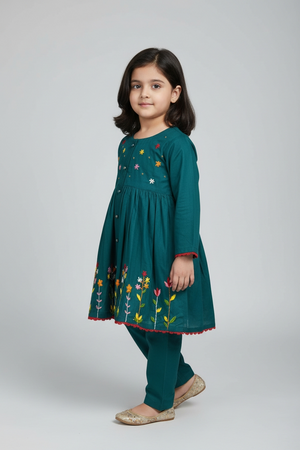 Girls Embroided Frock Set - Teal
