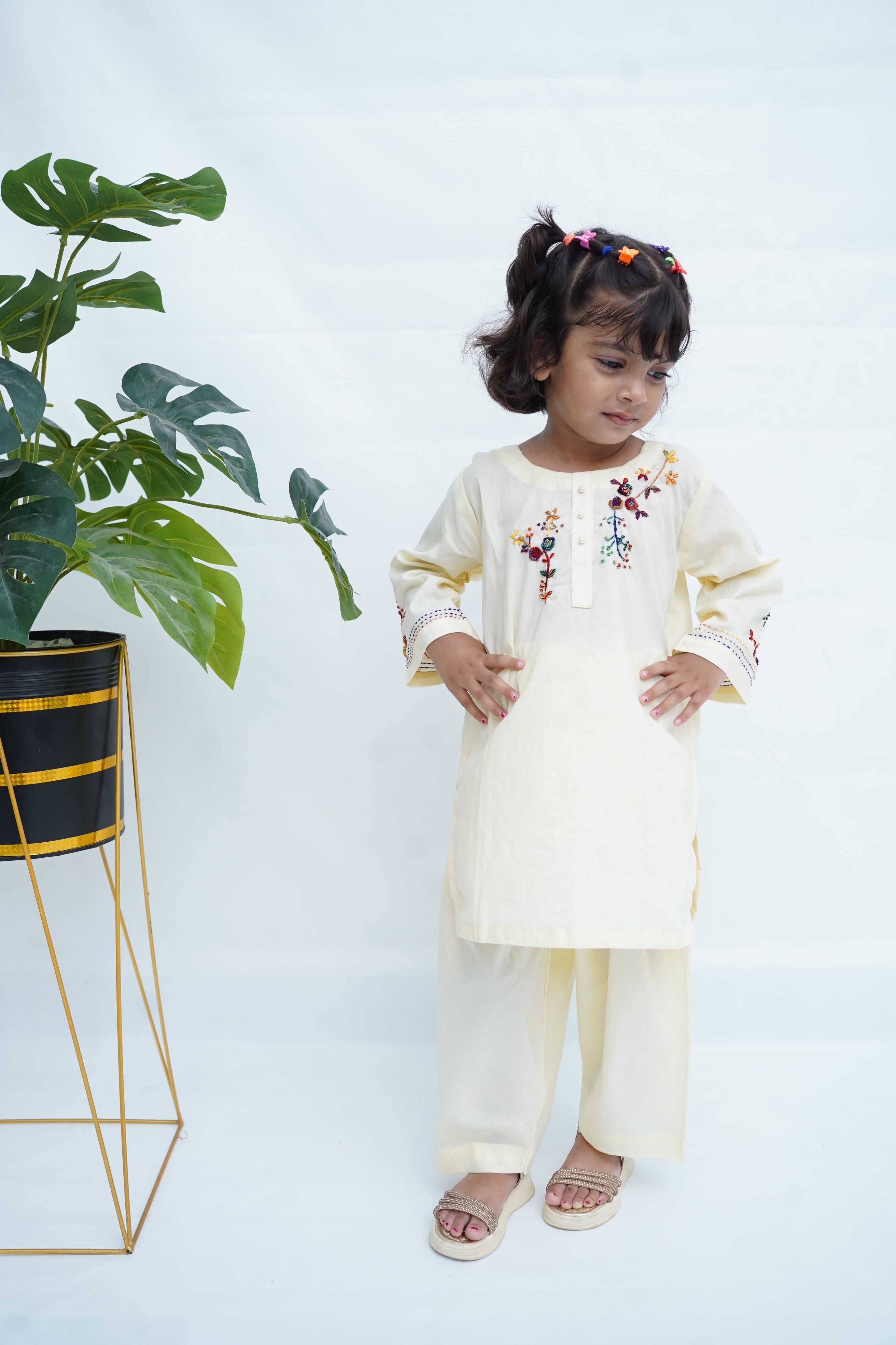 Girls Hand Embrioded Co-ord Set - Lemon