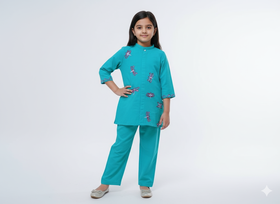 Girls Khaddar Hand Embroided Co-ord Set 2pc - Skyblue