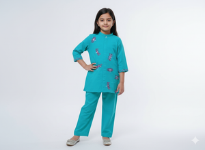 Girls Khaddar Hand Embroided Co-ord Set 2pc - Skyblue
