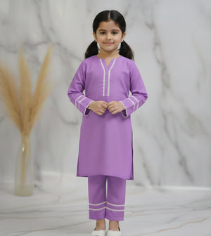 Girls Khaddar Solid Embellished Suit 2pc - Lilac
