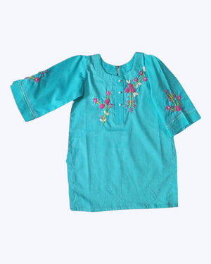 Girls Khaddar Floral Hand Embrioded Co-ord Set 2pc - Skyblue