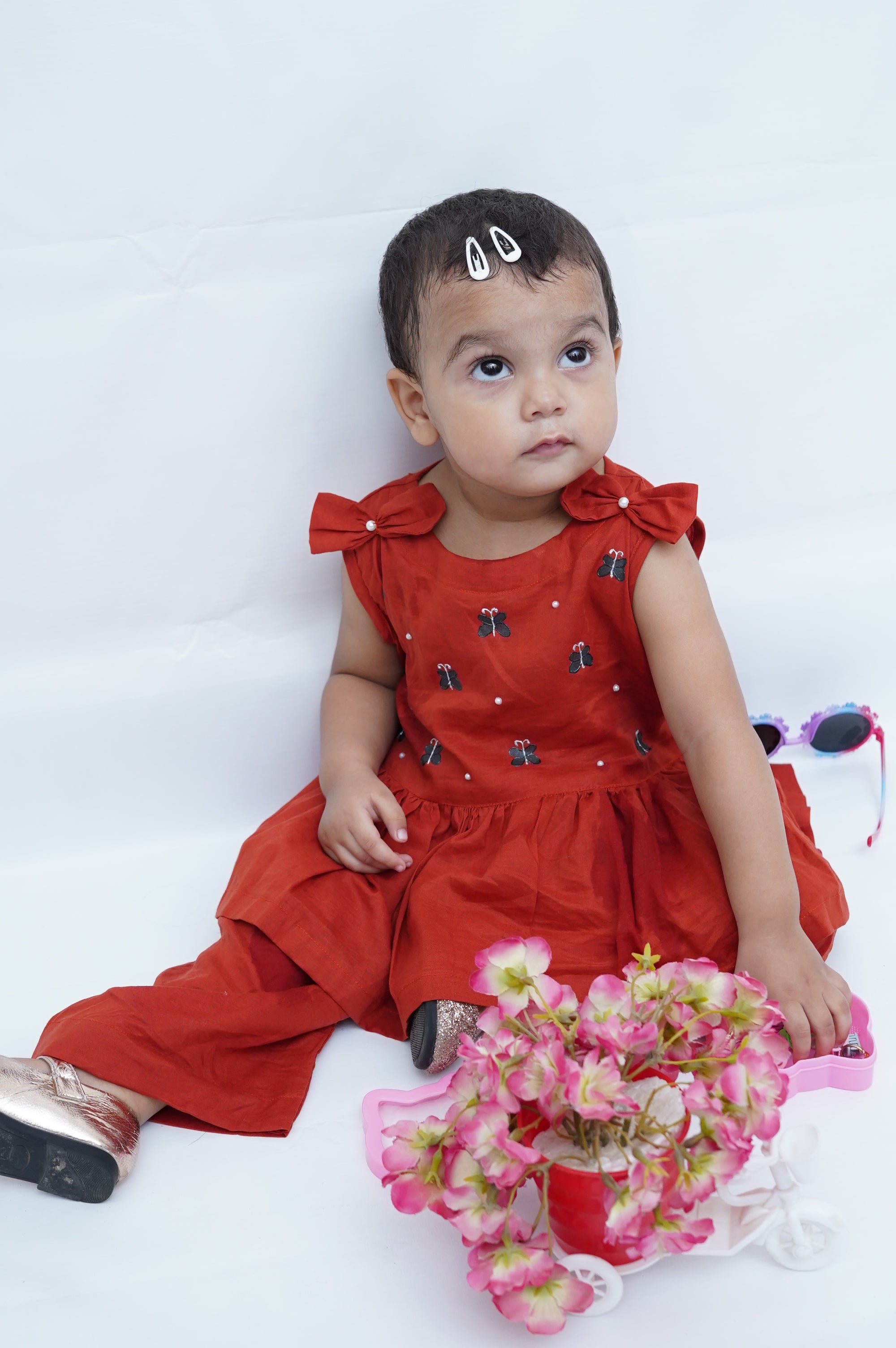 Girls Hand Painted Poplin Frock Dress With Butterfly Charm 2pc Set - Rust