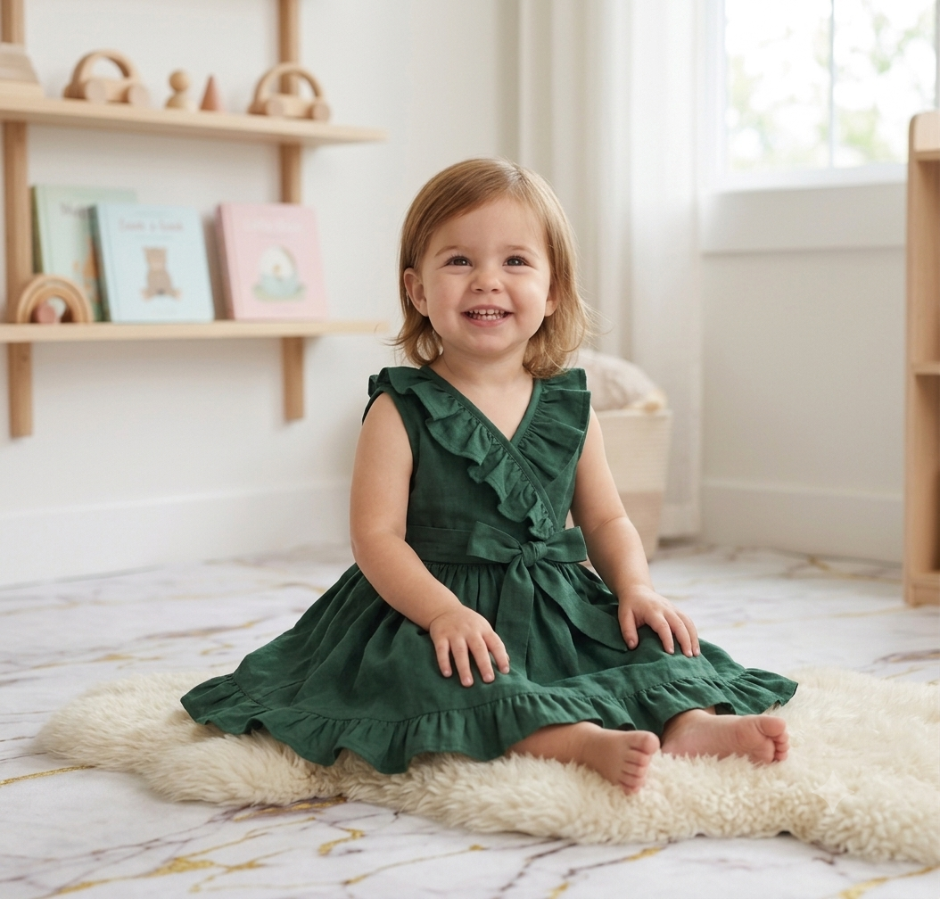 Girls Cotton Frill Frock - Green
