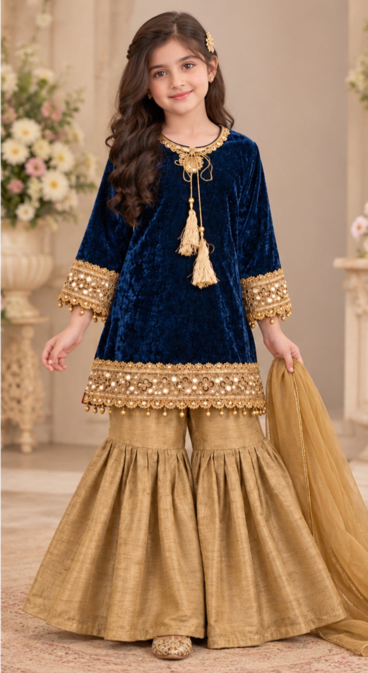 Girls Embellished Gharara Suit - Zinc Blue