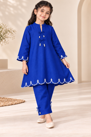 Girls Royal Blue Embroided Khaddar Co-ord Set