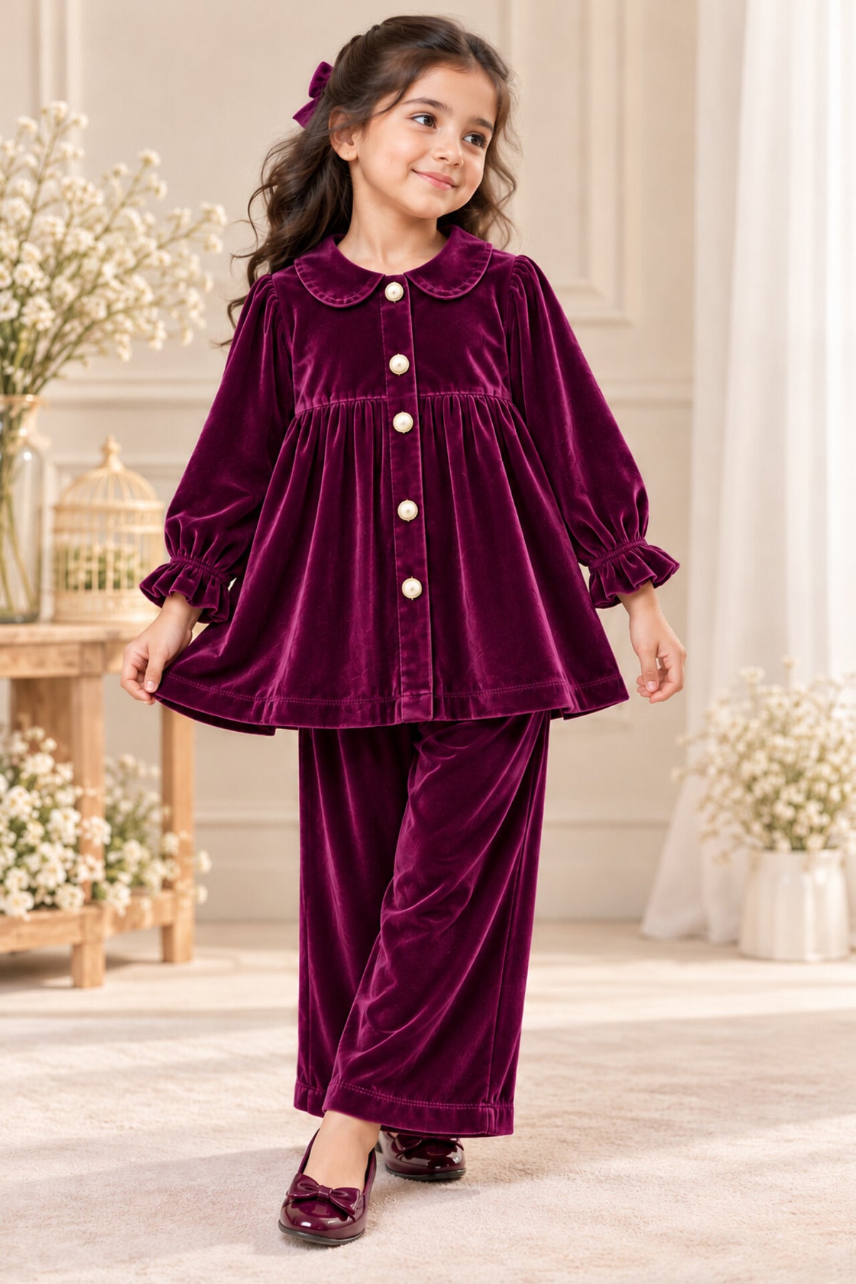 Girls Velvet Co-ord Set - Margenta