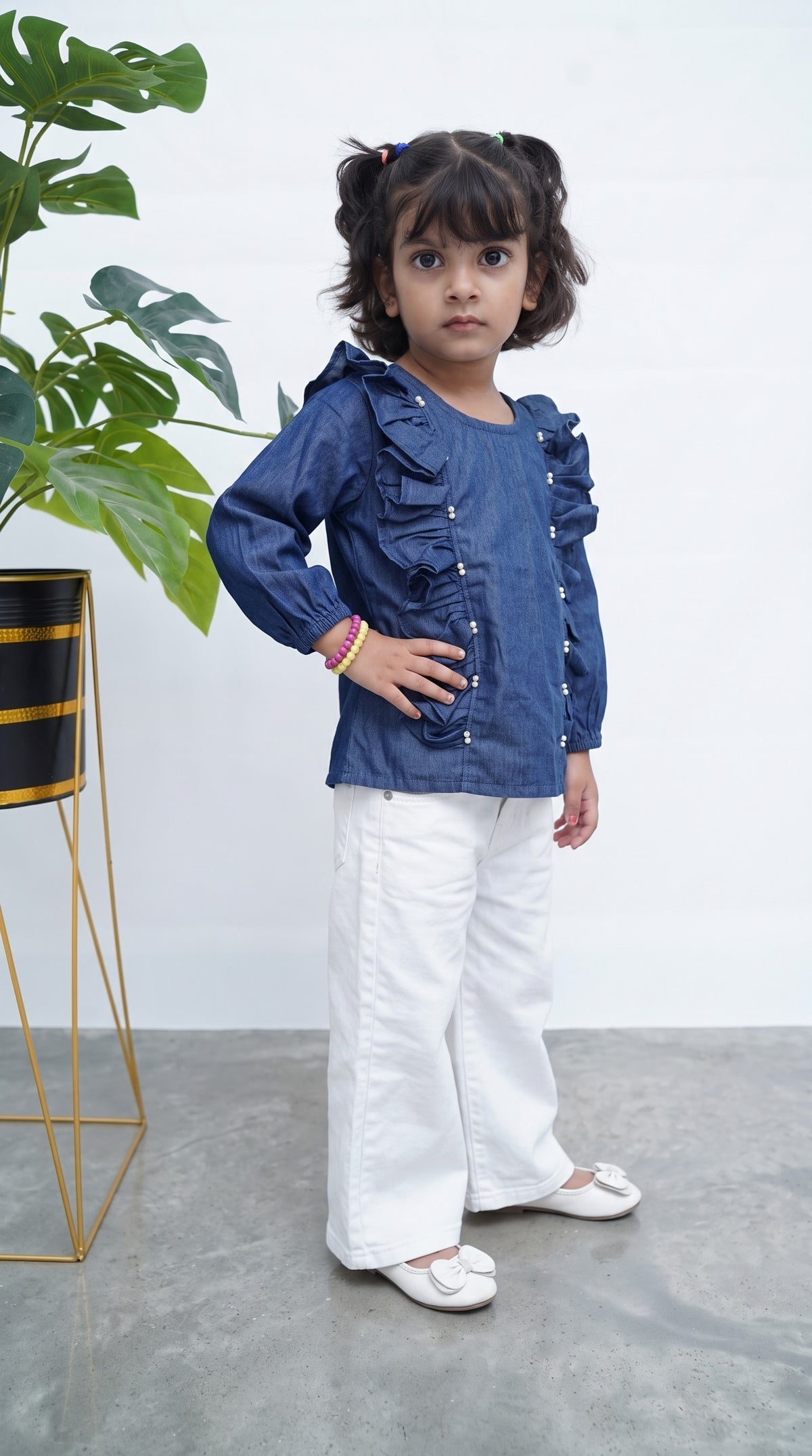 Girls Cotton Denim Pearl Beaded Top
