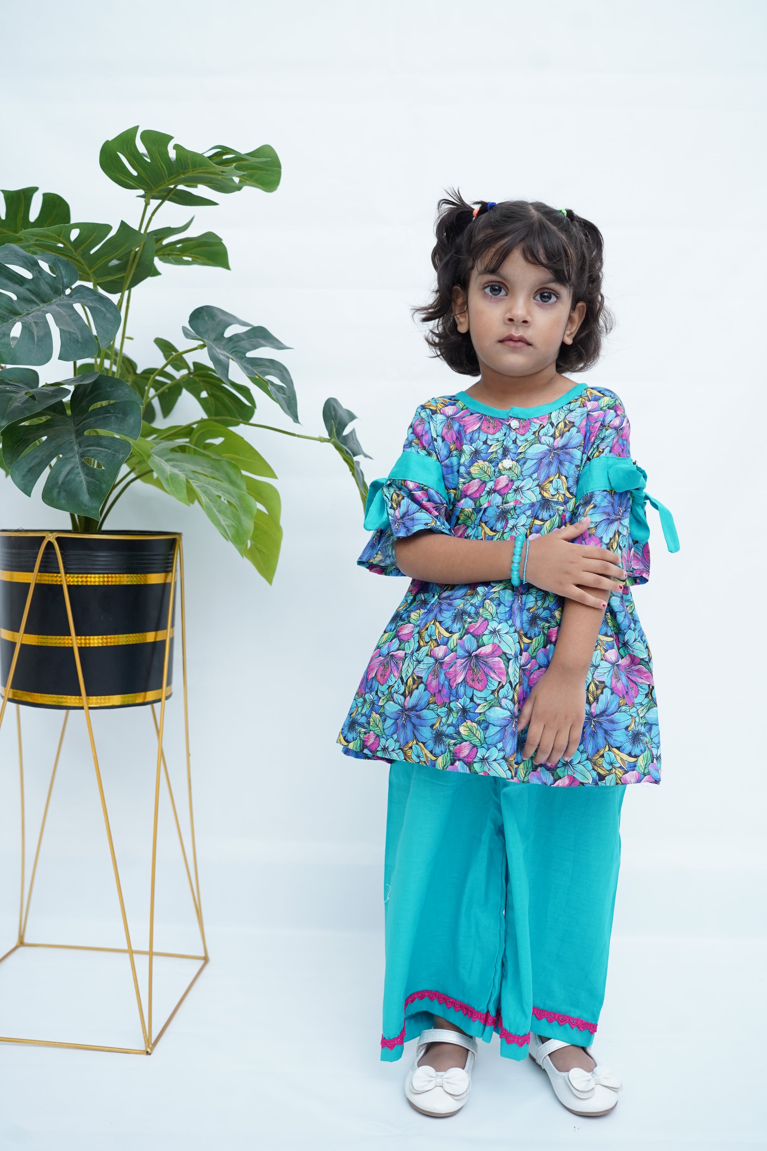 Girls Printed Flower Frock Set - SkyBlue