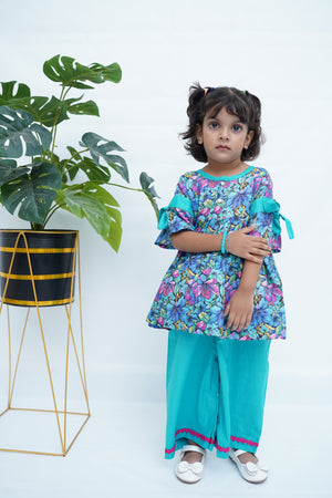Girls Printed Flower Frock Set - SkyBlue